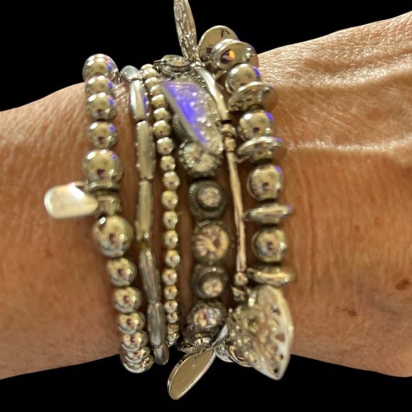 Elegant Silver Hearts and Silver Bead Bracelet Stack - Picture 2 of 5